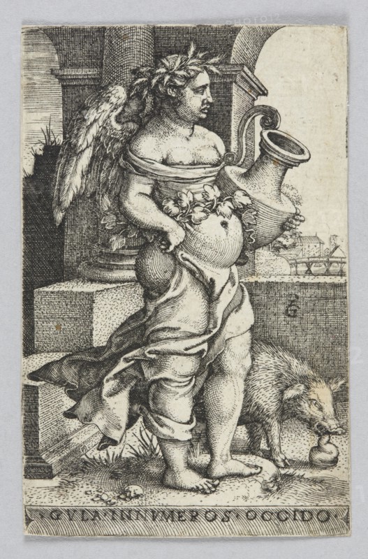 Gluttony, from the series: Vices, Pencz, Georg ca. 1500-1550 graphic artist, German culture, Gluttony personification, attributes, allegories, personifications iconography, women, German graphics, Renaissance style, figures with attributes, pigs, seven deadly sins, wreaths, feces, jugs, vines, columns architectural, plant tendril, 16th century, graphic print, height 8.2 cm, width 5.1 cm, A monochrome etching shows a winged, robed figure standing on a stone platform, wearing a laurel wreath and holding a large jug with a curved handle and a few leaves or flowers at the waist; the drapery wraps around the figure and falls in flowing folds down to bare feet. Behind the figure are architectural elements including a column and arch, and a distant view of geometric building shapes. Beside the figure on the platform stands a bristly animal resembling a boar, sniffing or touching a small round vessel on the ground. The visible colors are black, white, and shades of gray.