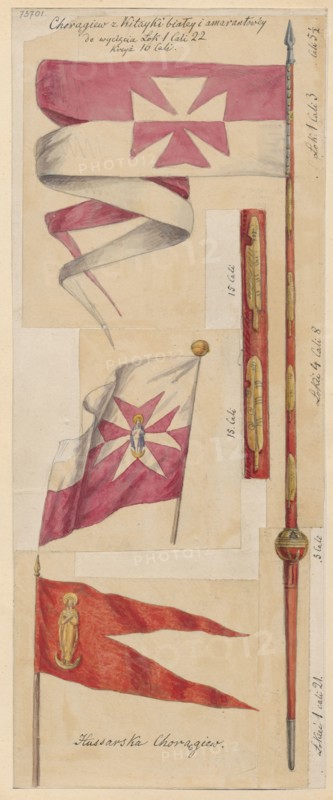 Hussar banners; Aleksander Lesser 1814–1884, illustrator. Three sketches on common paper, glued to cardboard by the side edge. Drawing, 1830–1884. Card: height 31.0 cm, width 12.5 cm; Cardboard: height 35.7 cm, width 25.9 cm. Materials: paper, cardboard. Subjects: militaria, hussars, banners., The image shows a vertical arrangement of several hand-drawn and colored flags and flagpoles on a beige paper background. At the top is a horizontally oriented ribbon-like flag with alternating dark pink and off-white sections and a central geometric star-shaped motif in dark pink and off-white. Below that is a curled ribbon in off-white and dark pink twisting vertically. Further down is a rectangular flag depicted on a pole, with a dark pink field and an off-white star-like emblem, and a small figurative detail in the center of the emblem rendered in blue and yellow; the pole has a gold finial. To the right of the flags there is a long painted pole segment in red with gold decorative bands and a...