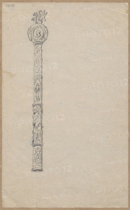 Mace; draughtsman: Aleksander Lesser 1814–1884. Drawing, glued with the upper edge to brown cardboard; pen/ink and/or sketching medium. Subject: weapon — mace; old weapons, military, artistic crafts. Drawing: height 22.9 cm, width 14.3 cm; overall box: height 34.9 cm, width 24.9 cm. Date range: 1830–1884. Unknown place of creation., A vertical pencil drawing of a long ornate staff centered on a light beige paper background, showing a round decorated top with a small sculpted figure above it, a spiraled shaft with carved reliefs including a small standing figure in a recessed panel and areas of floral or foliate motifs, and a decorated lower section ending in a cylindrical base; the visible colors are shades of gray from the pencil and beige from the paper, with slightly darker gray pencil lines and subtle brownish age spots on the paper.