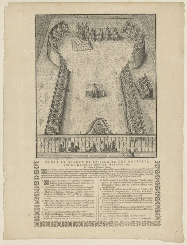 Assembly of Notables in Rouen in 1617, Jan Ziarnko 1575–1630 draughtsman/author; Jean Le Clerc Paris; publisher; fl. ca. 1587–1621 publisher. Subject: assembly/debate scene in Rouen, 1617. Materials/format: graphic print/poster, filigrees. Style: Polish graphics; historical event. Inscriptions/details: Order of the Holy Spirit, Three Lilies coat of arms of the kingdom of France. State II. Date: 1617. Dimensions: height 31 cm, width 26 cm., A rectangular engraved scene framed by a decorative border sits on aged beige paper with rough edges; the central illustration shows an overhead view of a large ornate hall with patterned flooring and a raised area at the far end where a group of seated figures and a small raised platform are arranged, flanked by curved rows of seated figures along both sides; a central figure sits at a small table toward the middle of the hall, and a decorative crest or carved element appears near the near edge; a balustrade separates the hall from a foreground gall...