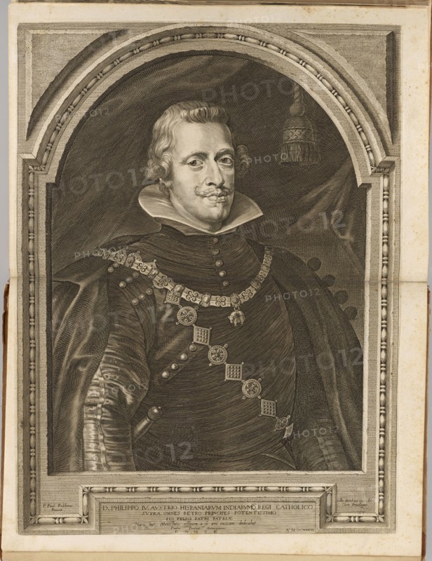Philip IV, Hendrickx, Gillis fl. 1633-1676 publisher, Rubens, Peter Paul 1577-1640 painter; co-creator, Pontius, Paulus 1603-1658 engraver; author; revindication provenance; portraits; male portraits; albums; Flemish graphics; Flemish culture; half-length portraits; kings; portraits of rulers; Spanish culture; orders; Order of the Golden Fleece Ordre de la Toison d'Or; Philip IV Habsburg King of Spain and Portugal; 1605–1665 — iconography; 1645–1646, Antwerp; album; graphic; old print; graphic print; plate impression: height 44.9 cm, width 33.2 cm, A monochrome engraved portrait shows a man wearing period clothing and a large, high collar, seated or standing within an ornate arched frame; he has styled hair and a small curled mustache and a composed facial expression. His dark garment is decorated with an elaborate chain or collar of office with several decorative medallions and geometric links, and a cloak drapes over one shoulder. The background inside the arch is shaded and textured...