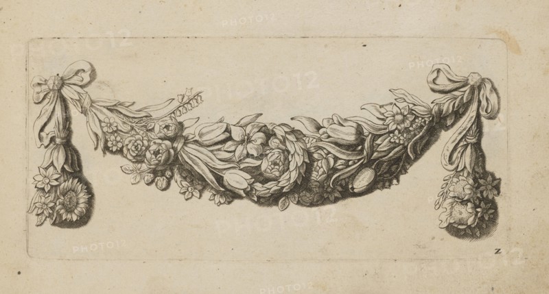 Feston: Artus Quellinus 1609–1668, engraver attributed. Baroque style; ornament design of garlands/festoons with flowers—lilies, sunflowers, tulips, roses. Dutch; decorative designs/patterns, French graphics. ca. 1650 . Album. Height 9.9 cm, width 21.0 cm., The image shows a horizontal ornamental garland of flowers and leaves suspended between two tied ribbons, rendered in detailed line work on a pale beige background; the design includes a group of various blossoms, buds, and elongated leaves arranged in a draped curved form with ribbon bows at each end and hanging floral clusters beneath; visible colors are beige, off-white, and dark brown from the inked lines.