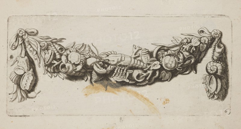 Feston: 6, Quellinus, Artus 1609–1668 engraver, leaves, crayfish, baroque style, festoons, garlands, Netherlandish, ornaments, designs, crabs, snails, corals, pearls, shells, decoration patterns, seas, French graphics, ca. 1650, album, height 9.6 cm, width 21.6 cm, A horizontal ornamental swag made of shells, crustacean parts, leaves, and ribbon-like elements stretches across a light beige background; the central garland shows a variety of shell shapes, segmented crustacean body parts, leafy sprigs, and curling tendrils rendered in dark brown lines and shading, with ribbon loops at the ends, and there is a light brown stain beneath the central section.