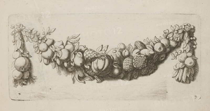 Festoon: 9. Artist: Artus Quellinus 1609–1668 engraver?. Baroque style. Subject: festoons, garlands, pomegranates, apples, artichoke Cynara scolymus, other fruits; ornamental designs and decoration patterns. Netherlandish, French graphics influence. Date: ca. 1650. Medium/format: album. Dimensions: height 9.8 cm, width 21.8 cm., A horizontal decorative garland made of a dense cluster of fruit and leaves spans the center of the image, with two hanging bunches at each end. The fruits include round, apple-like shapes, elongated forms, and textured, cone-like items, all rendered in fine, hatched black ink lines on a light beige background. Leaves of various sizes and shapes intermix with the fruit, some curling or overlapping, and small berry clusters appear near the ends. The shading is detailed with cross-hatching and stippling, creating darker shadowed areas beneath and between the fruit and lighter highlights on curved surfaces. Overall colors visible are black linework and shading on ...
