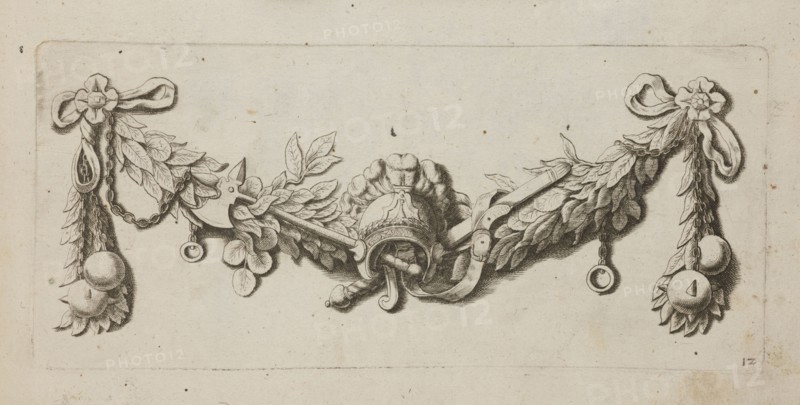 Feston: 12; Artus Quellinus 1609–1668 engraver?; baroque; weapons; festoons; ornaments; Netherlandish; designs; axes; garlands; decoration patterns; panoply; helmets; clubs; sword; French graphics; ca. 1650, Amsterdam ; album; height 9.8 cm; width 21.9 cm, A horizontal ornamental drawing in black and gray tones on an off-white background shows a central helmet-like shape with curved decorative elements and a plume, flanked by a symmetrical garland of leaves and ribbon-like straps. A group of laurel-like leaves extends outward from the center toward each side, interwoven with chains and hanging round baubles and small ringed pendants. At each outer end a bow-like motif ties the garland to a cluster of leaves and spherical ornaments. The image has scattered small specks and slight aged discoloration on the background, and faint rectangular framing lines around the composition. The visible colors are black, gray, and off-white.