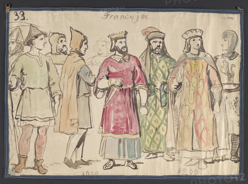 French Costumes from the 11th, 12th and 13th Centuries, Gerson, Wojciech 1831–1901 draughtsman/author; costume studies; fashion; France; 11th century costume; 12th century costume; 13th century costume; 1860–1872; Warsaw; drawing; watercolor; height 46 cm; width 64.5 cm; repossession provenance unknown., A horizontal ink and watercolor drawing of a group of people standing side by side wearing varied historical clothing, with a few men and a few figures partially visible in the background; visible colors include pink, green, beige, tan, yellow, blue, gray, brown, black, and red. The central figure wears a pinkish robe with a belt and a crownlike headpiece and has a beard, while to the right another bearded figure wears a green patterned robe and a head covering. To the far right a figure in a long flowing garment patterned with yellow and red shapes wears a cap and has long hair. To the left several figures wear cloaks, hoods, and simple tunics in muted beige and gray tones, and one fi...