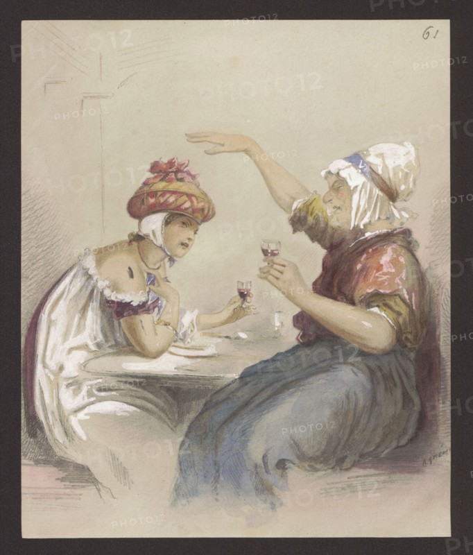 Two Women at a Table Drinking Wine, Alfred Grévin 1827–1892, illustrator; costume scene, genre scene of women with goblets at a table; drawing, 1880s, Paris; height 23.5 cm, width 19.5 cm., A watercolor-style scene shows a young woman and an older woman seated at a small table, each holding a small glass. The young woman wears a white off-shoulder dress with purple trim and a colorful hat in shades of red and pink with ribbon details, and she leans forward with an attentive expression. The older woman wears a white headscarf with a blue band and a reddish-brown blouse with a blue skirt, and she gestures with one arm raised while holding her glass in the other hand. The table and surrounding area are rendered in soft beige and pale gray tones, and the overall palette includes white, red, pink, purple, blue, brown, and beige.