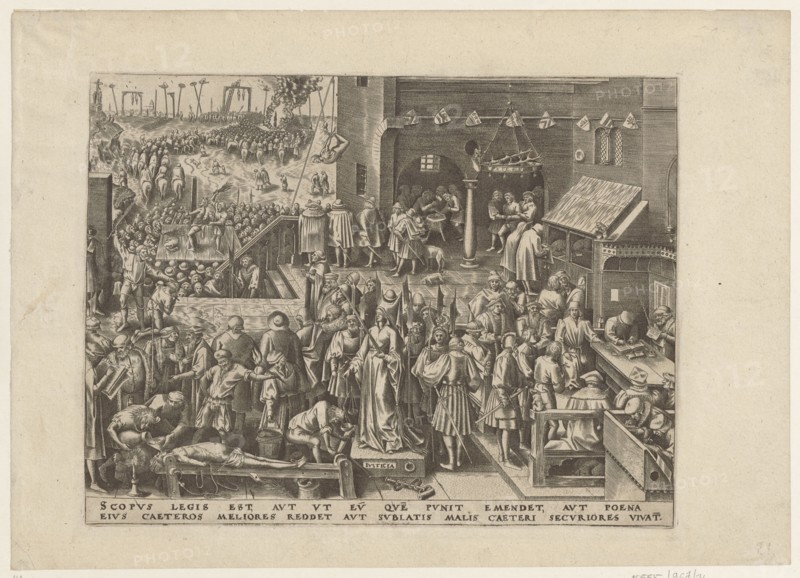 Justice Justicia, Galle, Philips 1537-1612 graphic artist / author, Bruegel, Pieter, I ca. 1525–1569 graphic artist / co-creator after, Cock, Hieronymus ca. 1510–1570 publisher, Justice allegory, Justice personification, Virtues personifications, ca. 1559–1560, Antwerp, graphic art, The image shows a detailed monochrome engraving in shades of brown and beige depicting an interior scene with a crowd of people engaged in various activities. In the foreground a group of figures gathers around a central statue-like figure on a raised platform, with several people standing, sitting, and bending over nearby; some figures wear long robes and hats, others wear shorter garments, and a few carry staffs or poles. To the left, people appear to be handling a stretcher or table where a prone figure lies while others attend to them, and a set of stairs and a crowded staircase lead upward toward an exterior scene in the background. The middle and right sections show more groups interacting under archi...