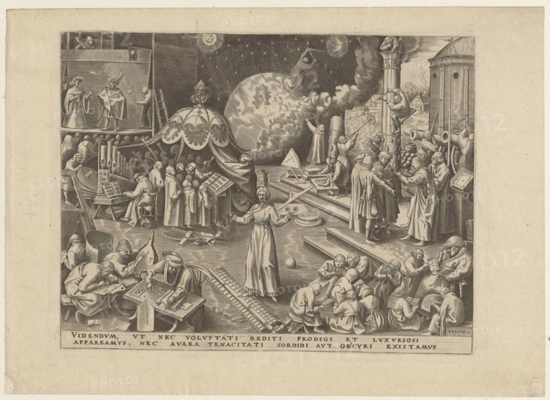 Temperance Temperantia, Galle, Philips 1537-1612 graphic artist/author, Cock, Hieronymus ca. 1510-1570 publisher, Bruegel, Pieter I ca. 1525-1569 graphic artist/co-author after; allegories; genre scenes; Virtues personifications; ca. 1559–1560, Antwerp; graphic art, The image shows a detailed monochrome engraving with a central robed figure standing with arms outstretched before a large celestial sphere and a draped canopy; surrounding this figure are a group of robed people clustered around books and musical pipes to the left, and groups of figures engaged in conversation, handling objects, and working with tools to the right; foreground scenes include seated and reclining people writing, counting, or examining objects at tables and ladders, and a small group of children or smaller figures clustered together near the bottom right; architectural elements such as columns, towers, and stair-like platforms appear in the mid and background, along with a tented canopy, a stage with costumed...