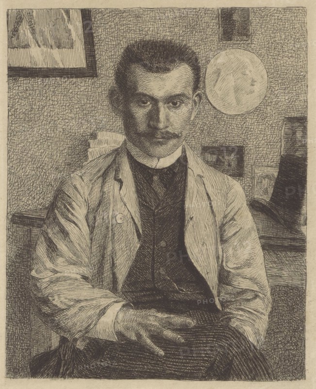 Jasinski en veste bleu, Vallotton, Félix 1865-1925 graphic artist; author, France, graphic print, modernism, 1896, portrait of Feliks Stanislaw Jasinski male portrait, dedication to Jasinski, graphic, height 23.0 cm, width 15.0 cm, materials: print., A monochrome etched portrait shows a seated man with short dark hair and a trimmed mustache wearing a light-colored jacket over a dark vest and shirt; his hands rest in his lap with one hand lightly placed over the other. The background contains textured crosshatching and a few framed rectangular shapes on the wall, plus a circular lighter area, and a tabletop or shelf with stacked papers or objects partially visible behind him. The image is rendered in shades of black, gray, and beige.