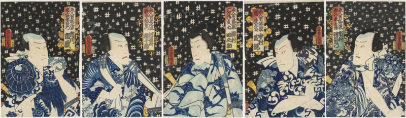 Actor Sawamura Tanosuke III as Karigane Bunshichi, from the pentaptych 'Five Men in Yukatas' (Gonin otoko soroi yukata); Utagawa Kunisada I (1786–1864); publisher: Izutsuya Shôkichi (fl. ca. 1849–1865); publisher: Katada Chôjirô (Hori Chô); oban woodblock print, ukiyo-e yakusha-e (actor print), kabuki theater subject; Edo period, Japan; dated Man'en 2/Bunkyû 1, 5th month of the rooster year (1861); aratame (seal) and other seals present; dimensions: height 35.9 cm, width 24.4 cm., A horizontal scene composed of five adjacent panels shows a group of men dressed in traditional robes with intricate patterns, each seated against a dark background patterned with small light crosshatch marks; the men have pale skin tones and black hair styled in traditional topknots, and their faces show neutral to stern expressions. The clothing features a dominant palette of blue and white with various indigo and navy patterns including floral, wave, and geometric motifs, and touches of lighter aqua and pa...