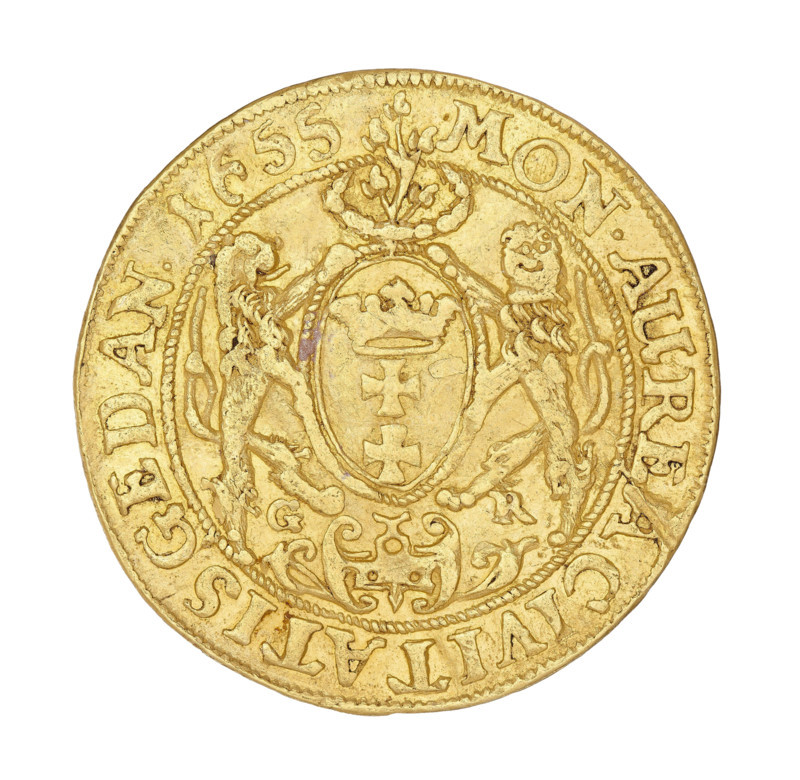Gdansk ducat, Rogge, Gerhard (fl. 1639–1657); John II Casimir Vasa (King of Poland, 1648–1668). Obverse: bust of the king with a crown, right profile, wearing a chain with the Order of the Golden Fleece; legend around rim: IOAN.CAS.DGREX POL.& SUEC.MDLR. Reverse: Gdansk coat of arms held by two double-tailed lions; at top a wreath surrounds a branch with five leaves; at bottom the letters GR. Coin; diameter ~24.8–25 mm; weight 3.45 g.