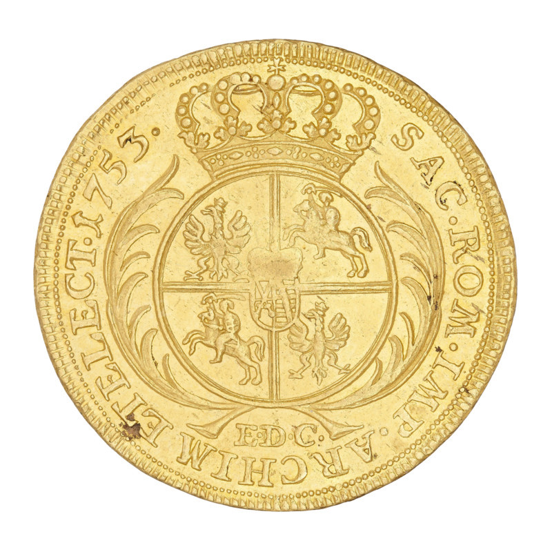 Crown double-ducat, 1753. Maker: Ernest Dietrich Croll (fl. 1753–1763). Issued for August III Sas (King of Poland; Elector of Saxony; 1696–1763). Obverse: bust of the king turned right, wearing a crown, wig and mantle, with the Order of the Golden Fleece on his chest; rim inscription: DGAVGVSTVS III.REX POLONIARUM. Reverse: beneath a crown a round five-field shield with the coats of arms of Poland, Lithuania and Saxony, flanked by two palm leaves; at the bottom the letters EDC; rim inscription: SAC.ROM.IMP.ARCHIM ET ELECT.1753. Material: coin. Weight: 6.97 g. Location: Leipzig, Saxony (Germany).