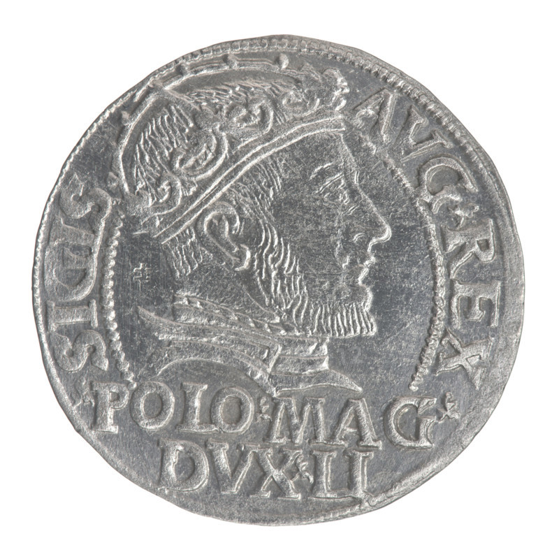 Lithuanian grosz on a Polish foot, Sigismund II Augustus (King of Poland; 1544–1572). Obverse: Crowned male bust in armour turned right, separating the inscription in a half-circle at the top: SIGIS · AVG · REX; at the bottom in two lines: · POLO · MAG / DVX · LI. Reverse: Lithuanian Chaser turned left; below, under the crown dividing the date 15 - 46, a tied monogram composed of the letters SA and the coat of arms Columns (Columns of Giedymina) that divide the inscription in the rim: MONETA · MAGNI · DVC · LITVA. Tied monogram (type) SA. Jagiellonian dynasty; royal busts; monograms. 1546. Grand Duchy of Lithuania, Vilnius. Coin. Diameter 22.4–22.8 mm; weight 1.94 g.