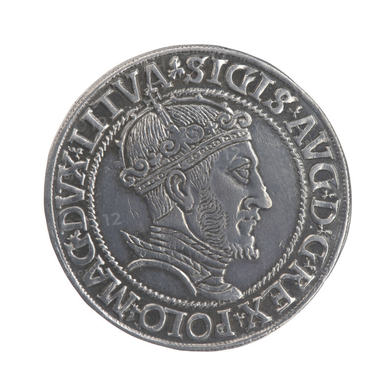 Lithuanian sixer, Sigismund II Augustus (King of Poland; 1544–1572), Jagiellonians (dynasty). Polish coin depicting a royal crowned male bust in armour turned right (obverse) with inscription around: .SIGIS.AVG.DGREX.POLO.MAG.DVX.LITVA. Reverse: under the ducal mitre a shield with the Lithuanian Pahonia and the year 1547; on the sides of the shield the denomination V - I; rim inscription: GROSS.AR.SEXDVP.MAG.DVCAT9.LITVAN. Dated 1547. Grand Duchy of Lithuania (Vilnius). Coin diameter c. 28.3–28.7 mm, weight 5.29 g.