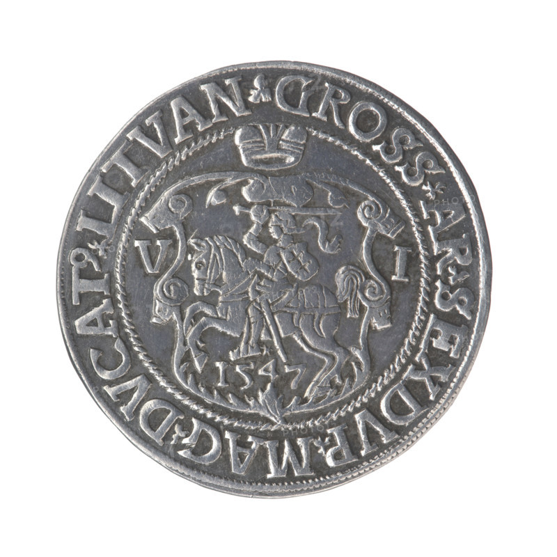 Lithuanian sixer, Sigismund II Augustus (King of Poland; 1544–1572), Jagiellonian dynasty; royal bust coin. Obverse: crowned male bust in armour turned right, inscription around: .SIGIS.AVG.DGREX.POLO.MAG.DVX.LITVA. Reverse: under the ducal mitre a shield with the Lithuanian Pahonia and the year 1547; on the sides of the shield the numeral V - I; rim inscription: GROSS.AR.SEXDVP.MAG.DVCAT9.LITVAN. Date: 1547. Region: Grand Duchy of Lithuania / Poland. Diameter about 28.3–28.7 mm. Weight 5.29 g.