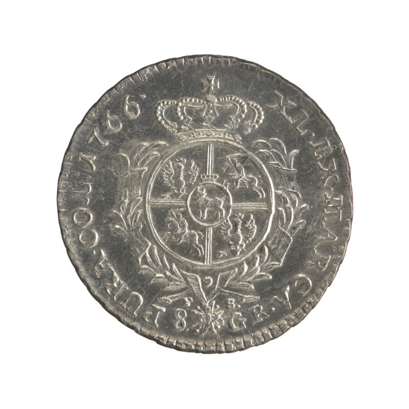 2 gold crown coins, Sylm, Frederick (1765–1767), Stanislaw August Poniatowski (King of Poland; 1764–1795), Polish coins, Crown coins, Stanislaw August Poniatowski — iconography, portraits of rulers, coats of arms, multi-field coats of arms, coats of arms under a crown, coats of arms, orders, Order of the White Eagle. Obverse: Head of Stanislaw August, inscription around the rim: STANISLAUS AUG. D. G. REX POL. M. D. L.; pearl border. Reverse: Under the crown, in a wreath, a round five-field coat of arms with the coats of arms of Poland (Orzel), Lithuania (Pogon) and the Poniatowski coat of arms (Ciolek); around it a wreath with the Order of the White Eagle; on the sides the letters F, -S. and 8.GR.; in the rim an inscription: XL.EX.MARCA, -PURA.COL:1766.; pearl border; decorative edge. 1766, Polish–Lithuanian Commonwealth (1569–1795), Warsaw, Poland. Coin diameters 29.2 mm and 29.7 mm; weight 9.27 g.