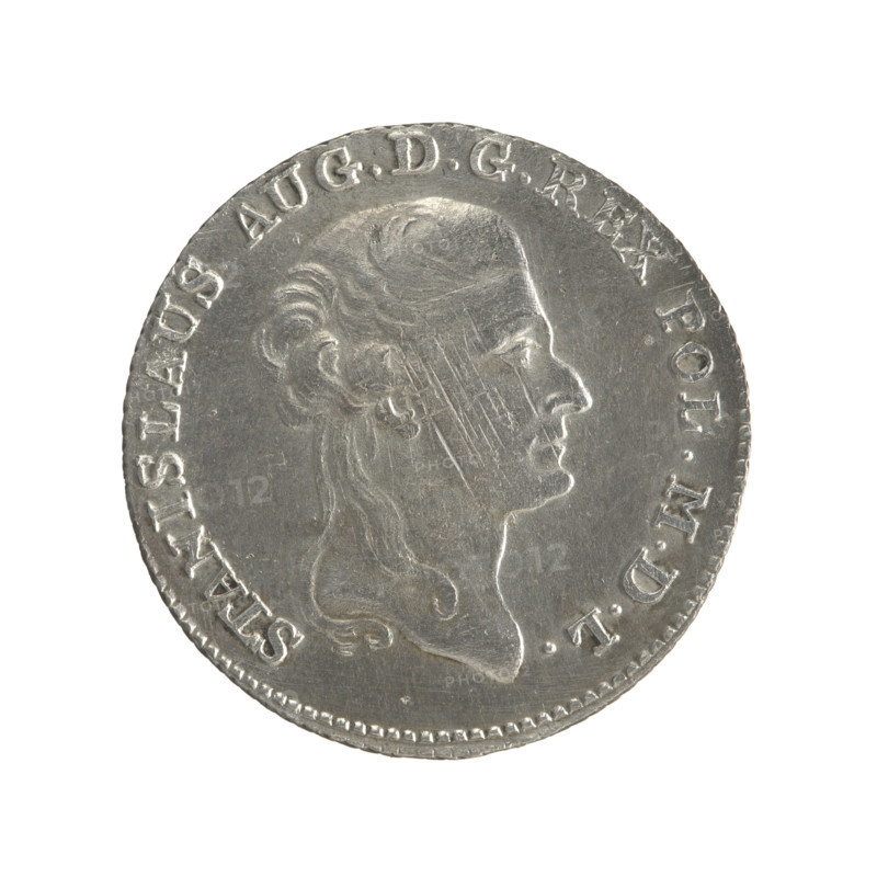 2 gold crown coins, Stanislaw August Poniatowski (King of Poland; 1732–1798), Polish crown coins; iconography: portraits of rulers, coats of arms, multi-field coats of arms, coats of arms under a crown, orders, Order of the White Eagle. Obv.: Head of Stanislaw August, inscription around the rim: STANISLAUS AUG. D G REX POL. MDL — pearl border. Rev.: Under the crown, a five-field coat of arms with the coats of arms of Poland (Eagle), Lithuania (Pogon) and the Poniatowski coat of arms (Ciolek); on the sides the date 17 - 95; below the shield on a ribbon the Order of the White Eagle; on its sides the letters M. - V. and 8. - GR.; inscription around the rim: 42 1/4 EX MARCA - PURA COLON: — pearl border; diagonally fluted edge. 1795, Polish–Lithuanian Commonwealth (1569–1795), Warsaw, Poland. Coin diameters: 29.0 mm and 29.3 mm; weight 9.29 g.