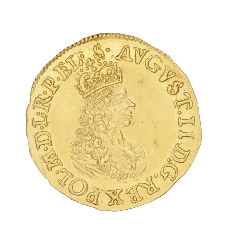 Gdansk ducat, Augustus II the Strong (King of Poland; 1697–1706, 1709–1733), Augustus II the Strong (1670–1733). Obverse: Crowned bust of Augustus II, turned right; inscription around the rim: AVGVST.II DGREX POL.MDLREL.S. Reverse: In the circumference a shield with the coat of arms of Gdansk held by lions; under the shield a decorative base; above the shield a wreath with three flowers dividing the rim inscription at the top: MON.AUREA CIVITAT.GEDAN.1698. Date: 1698. Poland, Gdansk. Coin. Diameter 24 mm; weight 3.44 g; axis 0°.