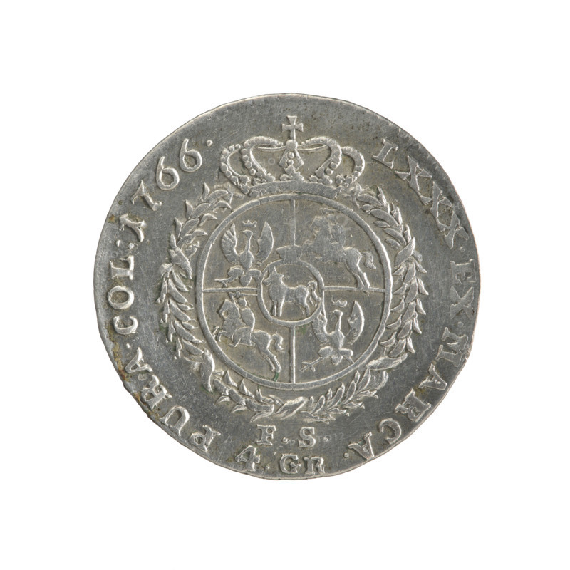 Gold crown coin, 1766. Obv.: Head of Stanislaw August Poniatowski, inscription around the rim 'STANISLAUS AUG.DGREX POL.MDL', pearl border. Rev.: Under a crown, in a wreath, a round five-field heraldic shield with coats of arms of Poland (Eagle), Lithuania (Pogon) and the Poniatowski family (Ciolek); below the letters 'FS' and '4.GR', around it an inscription divided by a crown 'LXXX.EX.MARCA.-PURA.COL:1766', pearl border; diagonally ribbed edge. Portraiture and heraldic iconography; maker: Sylm, Frederick (1765–1767). Polish-Lithuanian Commonwealth (1569–1795), Warsaw. Coin; diameter ~27.4–27.5 mm, weight 5.34 g.