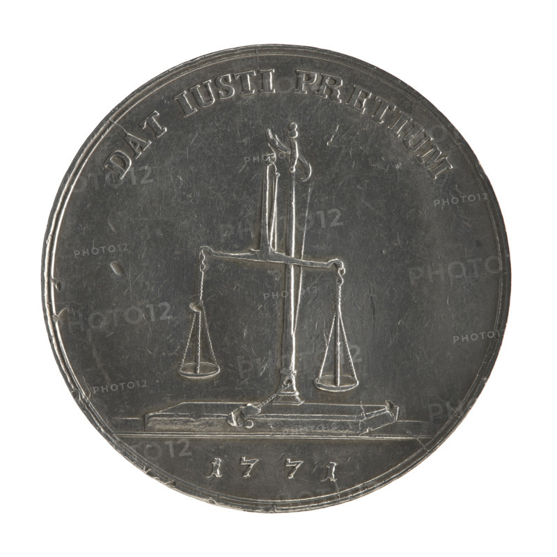 Trial crown thaler, Stanislaw August Poniatowski (King of Poland; 1764–1795). Obverse: Head of Stanislaw August turned right, divided inscription at the bottom: 'STANISLAUS AUGUSTUS D G REX POLONIAE MDLITU', continuous border; signature at neck intersection: 'IPH' (Johann Philip Holzhaeusser, engraver). Reverse: Libra (scales), semicircular inscription above: 'DAT IUSTI PRETIUM', date '1771' below the line, continuous border. Mintmaster: Justyn Schröder (Warsaw Mint mintmaster 1768–1772). Trial/coin type: crown coins, trial coins; Polish-Lithuanian Commonwealth (1569–1795), Warsaw, Poland. Coin, mint hallmark. Diameter: 40.0–40.2 mm. Weight: 19.77 g.