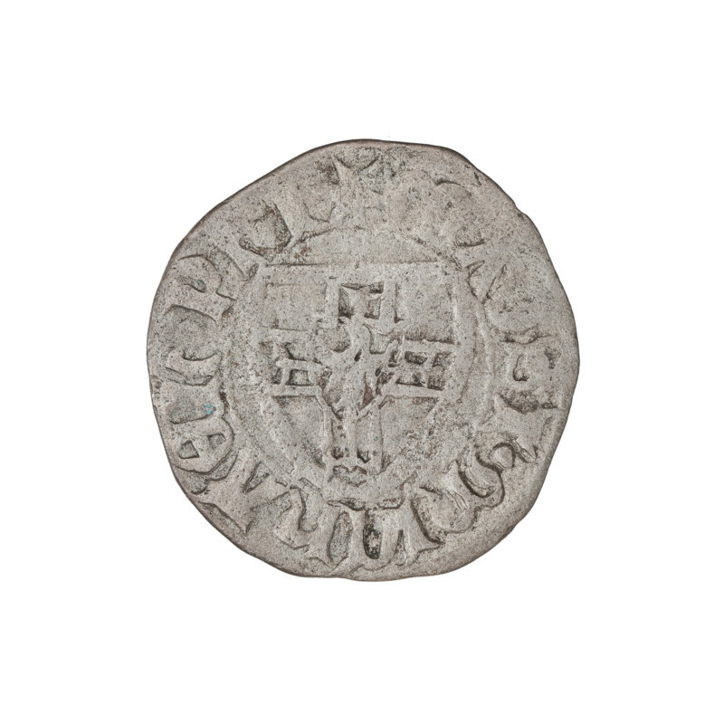 Teutonic szelag, Michal Küchmeister (Grand Master; 1414–1422), Teutonic shield (iconographic), monastic shield of the Grand Master (iconographic), punch AR (on the reverse), Teutonic Knights (order). Obv. Monastic shield of the Grand Master; the crossbars at the ends of the arms of the cross are arched. On the rim, between the pearl borders, the inscription. Rev. Monastic shield. In the rim between the pearl borders there is an inscription, 1414–1416. State of the Teutonic Order (1226–1525), Gdansk; coin; diameter 21 mm; weight 1.32 g; axis 90°.