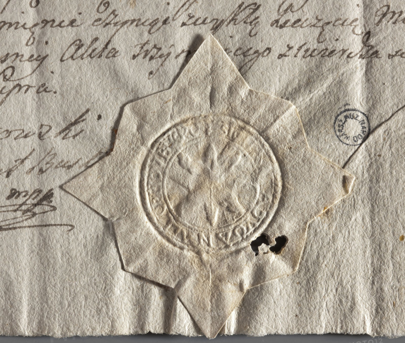 Round seal impression of the town of Busko, Sandomierz Voivodeship, Wislica County. A sun with eight rays. In the rim an inscription: 'SIGILUM. ADVO. ANALE. OPPIDU BUSKO.' Dated 1774. Poland. Seal. Maker: Zurakowski, Witold (?-1927).