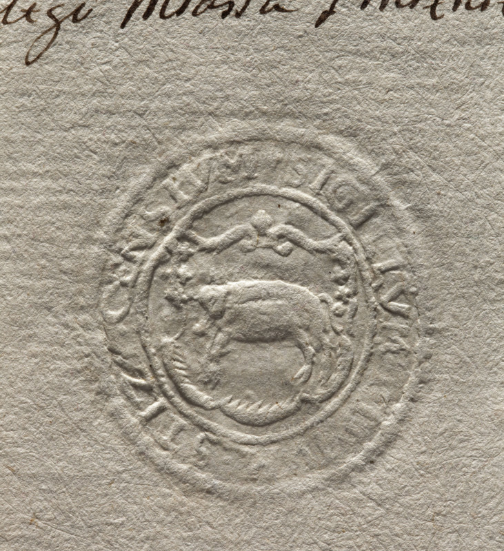 Oval seal impression of the town of Stezyca. In a decorative cartouche, a pig facing right. Inscription around the rim: + SIGILLUM, STIZYCENSIUM, 1792. City seal of the town of Stezyca; seals attached to documents; official seal with the town's coat of arms. Poland; dimensions: 35 mm and 37.5 mm.