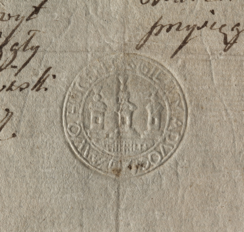 Round dry impression of the town seal of Wachock (1794). Circular seal showing a city wall with three towers, flags on the roofs. Inscription around the rim: . SIGILLUM ADVOCA, A WOHOCENSIS. Poland.