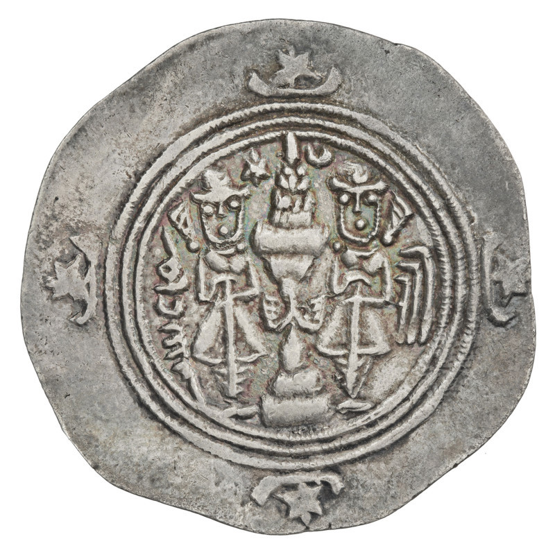 drachma, Kavadh I (ruler of Persia; 488–496 and 498–531), busts, wings, altars, crowns, Iran, Persia, fire altar, Sassanid art, Sassanid Kingdom. Obv.: bust of Kavadh I facing right; on his head a crown decorated with wings and a crescent, outside the rim crescents with a star in the middle. Pahlavi legend. Rev.: Fire altar, on his left the ruler, on his right a priest; on the left, above the fire, a star, on the right a crescent; on both sides signs/monograms; pearl rim. Pahlavi legend. 488–497, 499–531. Persia. Coin: diameter 28.0 mm, weight 4.20 g.