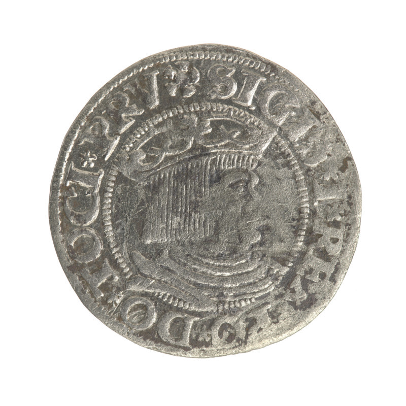 Gdansk grosz, Sigismund I the Old (King of Poland; 1506–1548). Polish coin, Jagiellon dynasty. Obverse: Crowned male royal bust in profile facing right; in rim between pearl-shaped borders an inscription: .SIGIS.I.REX.PO.DO.TOCI.PRV. Reverse: Coat of arms of Gdansk; in rim between pearl-shaped borders an inscription: .GROSSVS.CIVI.DANCZ.1531. Dated 1531. Poland, Gdansk.