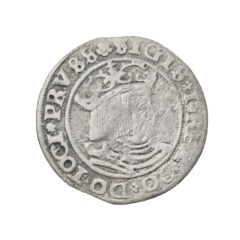 Prussian grosz, Sigismund I the Old (King of Poland ; 1506–1548); 1529; coin. Obverse: crowned male bust in profile turned to the right; rim inscription: .SIGIS.I.REX.PO.DO.TOCI.PRVSS Rw. Reverse: the Eagle of Royal Prussia; rim inscription: .GROSS.COMV.TERR.PRVSS. Torun, Poland. Subjects/emblems: eagles, Polish coins, Jagiellonians (dynasty), emblems, Eagle (emblem), male/royal bust; iconography of Sigismund I the Old.