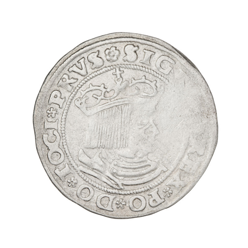Prussian grosz, Sigismund I the Old (King of Poland; 1506–1548); silver coin, 1529, Torun, Poland. Obverse: Crowned male bust in profile turned to the right; rim inscription between pearl borders: .SIG, REX.PO.DO.TOCI.PRVS. Reverse: The Eagle of Royal Prussia; rim inscription between pearl borders: .GROSS.COMV.TER, SS.15Z9. Iconography: eagles, emblems, male/royal bust, Jagiellonian dynasty; subject: Sigismund I the Old.