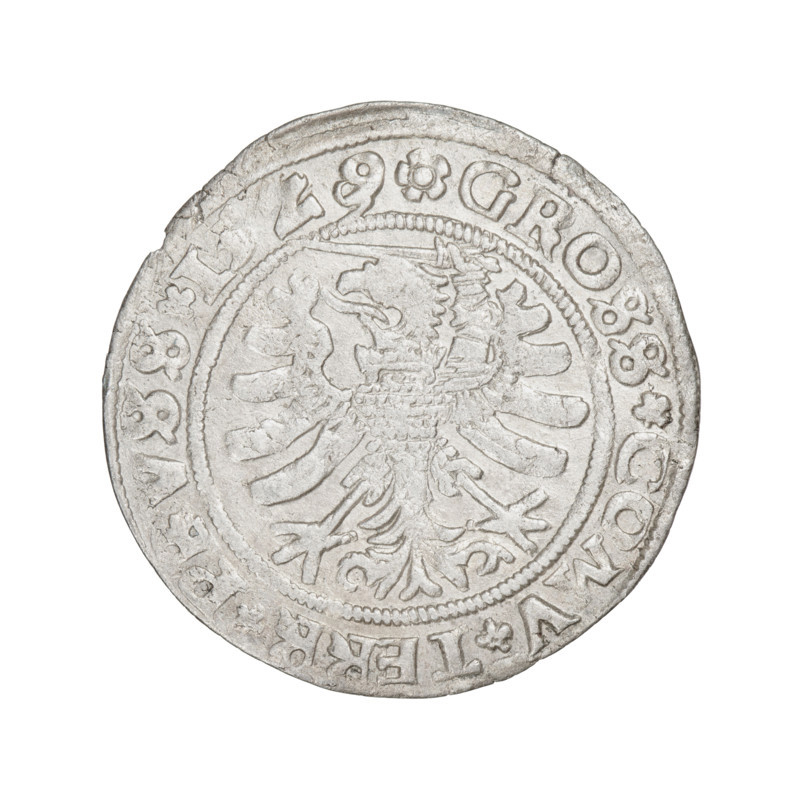 Prussian grosz, Sigismund I the Old (King of Poland; 1506–1548). Obverse: Crowned male bust in profile turned to the right; in the rim between pearl borders an inscription: .SIGIS.I.REX.PO.DO.TOCI.PRVS. Reverse: The Eagle of Royal Prussia; in the rim between the pearl borders the inscription: .GROSS.COMV.TERR. Maker/date: 1529. Mint: Torun, Poland. Subject/attributes: eagles, emblems, royal/male bust, Jagiellonian dynasty, Polish coin.
