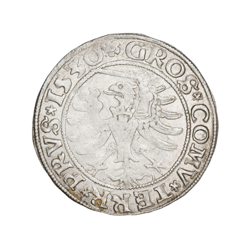 Prussian grosz, Sigismund I the Old (King of Poland; 1506–1548). Obverse: Crowned male bust in profile turned to the right; in the rim between the pearl borders an inscription: .SIGIS.I.REX.PO.DO.TOCI.PRVSS Rw. Reverse: The Eagle of Royal Prussia; in the rim between the pearl borders the inscription: GROS.COMV.TERR.PRVS.1530. 1530. Torun, Poland. Coin. Coats of arms; eagles; Jagiellonians (dynasty); royal bust; male busts; inscriptions.
