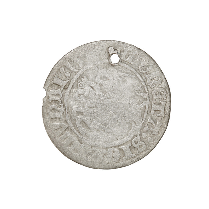 Lithuanian half-grosz, Sigismund I the Old (king of Poland; 1506–1548). Obverse: Pogon turned left; in the rim between pearl borders an inscription: COIN:SI,VNDI:15. Reverse: Polish eagle with a crown; in the rim between pearl borders an inscription: AGNI:DVCI,LITVANI, 1509. Coats of arms: Eagle (coat of arms), Pogon (coat of arms; Lithuania). Jagiellons (dynasty). Grand Duchy of Lithuania, Vilnius. Coin. Diameter 19.4–20.0 mm, weight 1.02 g.