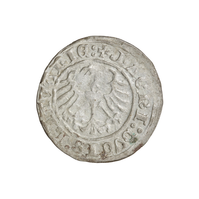 Lithuanian half-grosz, Sigismund I the Old (King of Poland; 1506–1548). Obverse: Pogon turned left; in the rim between pearl borders an inscription: +, TA:SIGISMVNDI:1510. Reverse: Polish crowned eagle; in the rim between pearl borders an inscription: +, GNI:DVCIS:LITVANIE:, 1510. Coats of arms: Pogon (Lithuania) and Polish Eagle. Jagiellon dynasty. Grand Duchy of Lithuania, Vilnius. Coin; diameter 19.7–20.0 mm; weight 1.24 g.