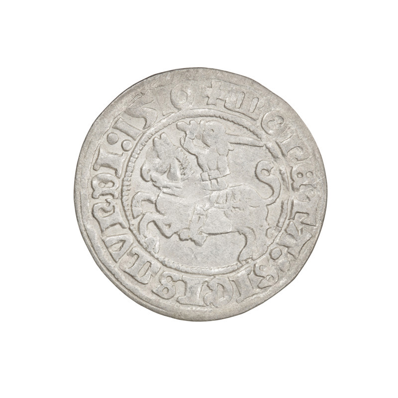 Lithuanian half-grosz, Sigismund I the Old (King of Poland; 1506–1548). Obverse: Pogon (Lithuanian coat of arms) turned left; in the rim between pearl borders an inscription: + COIN:SIGISMVNDI:1510. Reverse: Polish crowned Eagle; in the rim between pearl borders an inscription: + MAGNI:DVCIS:LITVANIE:. Dated 1510. Grand Duchy of Lithuania (Vilnius). Coin; diameter 19.9–20.2 mm; weight 1.25 g.