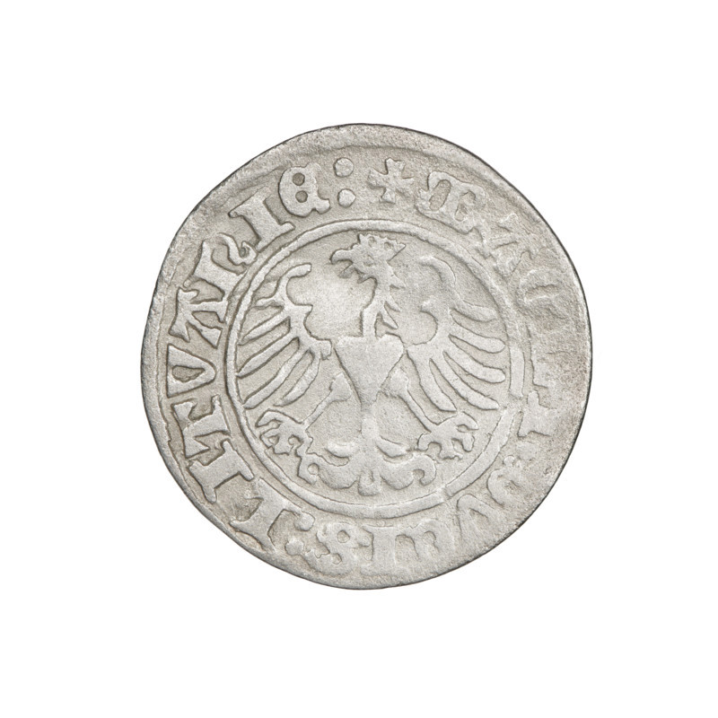Lithuanian half-grosz, Sigismund I the Old (king of Poland; 1506–1548). Obverse: Pogon (Lithuanian charging knight) turned left; in the rim between pearl borders an inscription: + COIN:SIGISMVNDI:1510. Reverse: Polish crowned eagle; in the rim between pearl borders an inscription: + MAG, VCIS:LITVANIE:, 1510. Coats of arms: Eagle and Pogon. Grand Duchy of Lithuania, Vilnius, Poland. Coin. Diameter ˜ 19.4–20.0 mm. Weight 1.09 g.