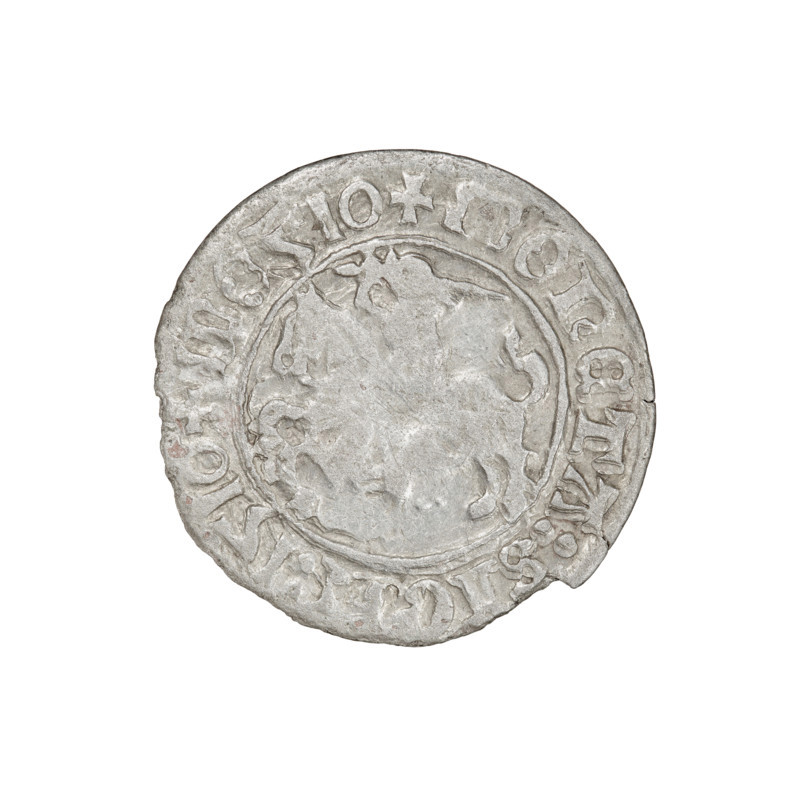 Lithuanian half-grosz, Sigismund I the Old (king of Poland; 1506–1548). Obverse: Pogon turned left; in the rim between pearl borders an inscription '+ COIN:SIG'. Reverse: Polish Eagle with a crown; in the rim between pearl borders an inscription '+ MAGNI:DVC, IE:'. Dated 1510. Grand Duchy of Lithuania, Vilnius. Coin. Diameter 19.6–20.2 mm. Weight 1.13 g.