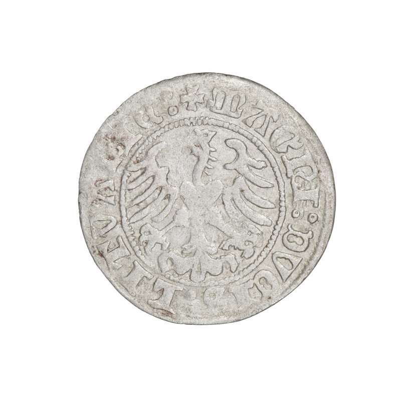 Lithuanian half-grosz, Sigismund I the Old (king of Poland; 1506–1548). Obverse: Pogon (Lithuanian mounted knight) turned left; in the rim between pearl borders an inscription: + NETA: SMVNDI:1510. Reverse: Polish crowned Eagle; in the rim between pearl borders an inscription: + MAGNI:DVCIS:LITVA, IE, 1510. Coats of arms: Eagle and Pogon. Grand Duchy of Lithuania, Vilnius, Poland. Coin; diameter 19.5–20.0 mm; weight 1.18 g.