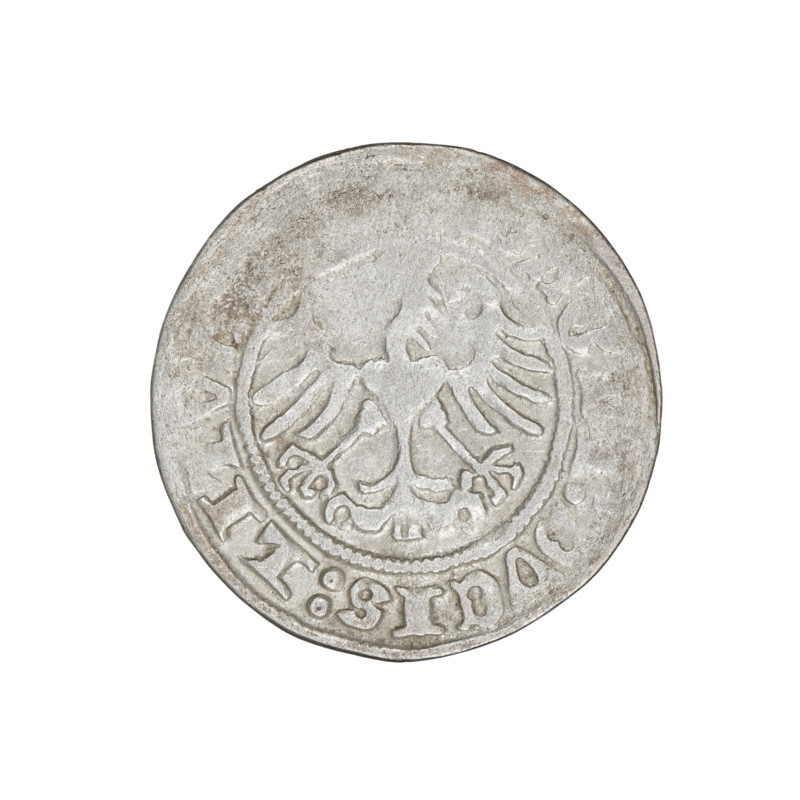 Lithuanian half-grosz, Sigismund I the Old (King of Poland; 1506–1548). Obverse: Pogon (Lithuanian coat of arms) turned left; in the rim between pearl borders an inscription: ONETA:. Reverse: Polish Eagle with a crown; in the rim between pearl borders an inscription: MAGNI:DVCIS:LITVA. Date: 1511. Grand Duchy of Lithuania, Vilnius. Coin. Diameter 19.8–20.2 mm. Weight 1.33 g.