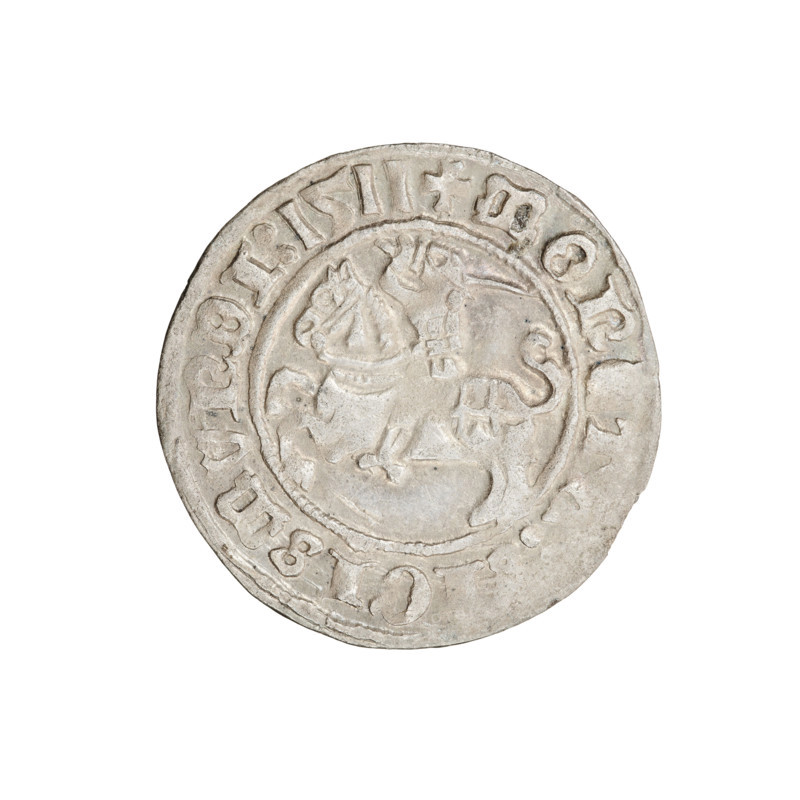 Lithuanian half-grosz, Sigismund I the Old (king of Poland, 1506–1548). Obverse: Pogon (Lithuanian charging knight) turned left; in the rim between pearl borders an inscription: + MON, GISMVNDI:1511. Reverse: Polish crowned Eagle; in the rim between pearl borders an inscription: + MAGNI:DVCIS:LITVANIE, 1511. Coats of arms: Eagle (Poland) and Pogon (Lithuania). Grand Duchy of Lithuania. Coin. Diameter: 19.7–20.1 mm. Weight: 1.23 g.