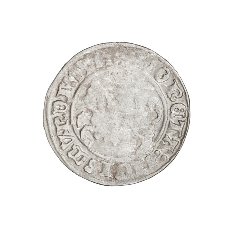 Lithuanian half-grosz, Sigismund I the Old (King of Poland; 1506–1548). Obverse: Pogon (mounted knight) turned left; in the rim between pearl borders an inscription: ONETA: ISMVNDI:1511. Reverse: Polish crowned eagle; in the rim between pearl borders an inscription: + MAGNI:DVCIS:LI, IE:, 1511. Associated with Jagiellon dynasty; coats of arms: Eagle and Pogon. Grand Duchy of Lithuania, Vilnius. Coin; diameter 19.8–20.2 mm; weight 1.18 g.