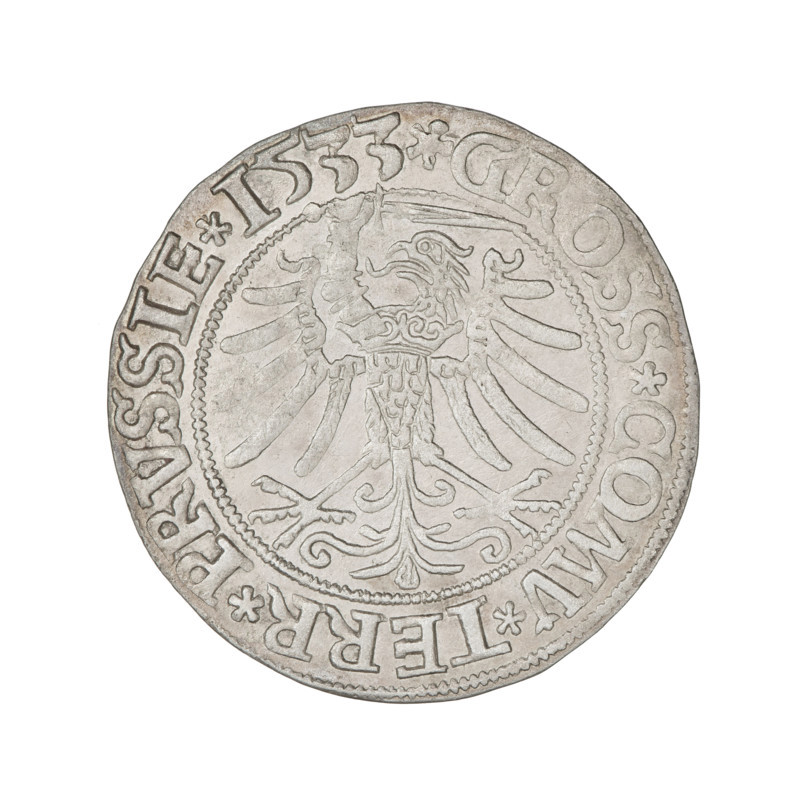 Prussian grosz, Sigismund I the Old (King of Poland; 1506–1548). Obverse: Crowned male bust in profile turned to the right; rim inscription: .SIGIS.I.REX.PO.DO.TOCI.PRVS. Reverse: The Eagle of Royal Prussia; rim inscription: .GROSS.COMV.TERR.PRVSSIE.1533. 1533. Torun, Poland. Subjects/emblems: eagles, Polish coins, Jagiellonian dynasty, emblems, Eagle (emblem), male/royal bust; iconography of Sigismund I the Old (1467–1548). Materials: coin. Function: currency.