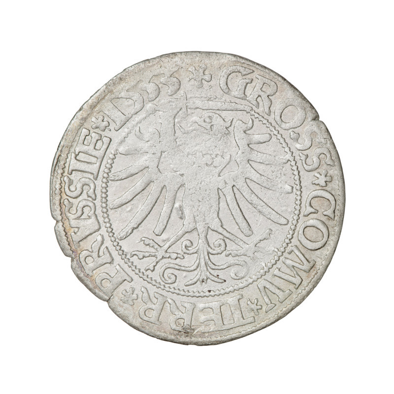 Prussian grosz, Sigismund I the Old (King of Poland; 1506–1548); silver coin dated 1533. Obverse: crowned male bust in profile turned to the right; rim inscription: .SIGIS.I.REX.PO.DO.TOCI.PRVS. Reverse: the Eagle of Royal Prussia; rim inscription: .GROSS.COMV.TERR.PRVSSIE. Torun, Poland. Subjects/emblems: eagles, Jagiellonian dynasty, male/royal bust, heraldic eagle; iconography of Sigismund I the Old.