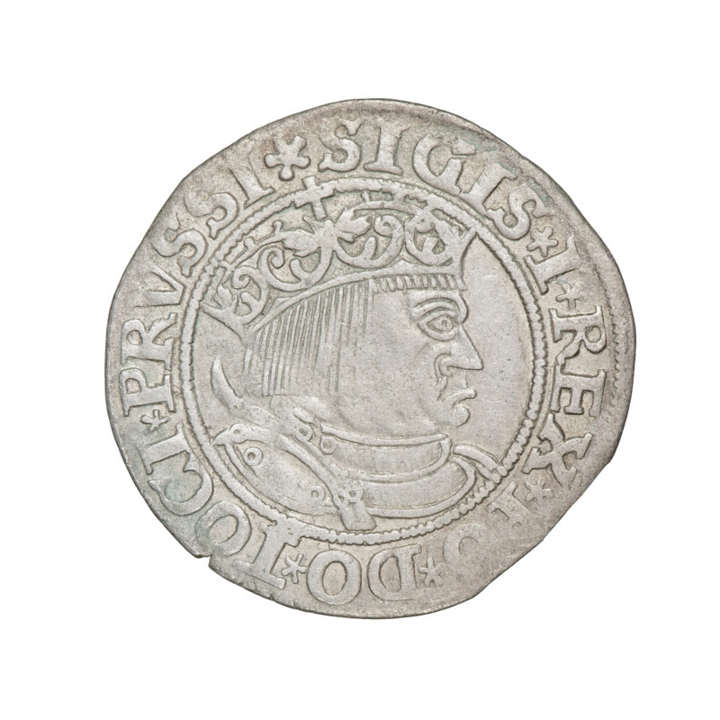 Prussian grosz, Sigismund I the Old (King of Poland; 1506–1548). Obverse: Crowned male bust in profile turned to the right; in the rim between pearly borders an inscription: .SIGIS.I.REX., .DO.TOCI.PRVSSI. Reverse: The Eagle of Royal Prussia; in the rim between the pearl borders the inscription: GR, S.COMV., ERR.PRVSS. 1533. Coin struck 1533, Torun, Poland.