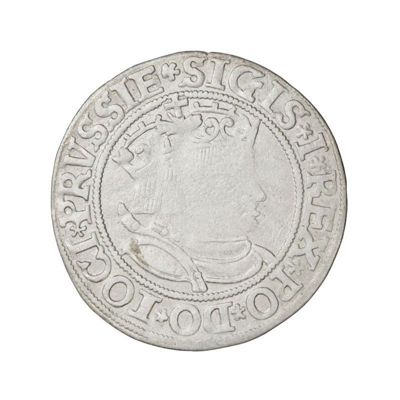 Prussian grosz, Sigismund I the Old (King of Poland; 1506–1548); 1534. Obverse: Crowned male bust in profile turned to the right, rim between pearly borders with inscription '.SIGIS.I.REX.PO.DO.TOCI.PRVSSIE'. Reverse: The Eagle of Royal Prussia, rim between pearly borders with inscription '.GROSS.COMV.TERR.PRVSSIE.1534'. Torun, Poland. Subjects/emblems: eagles; royal bust; male bust; Jagiellonian dynasty; emblems; Eagle (emblem); iconography of Sigismund I the Old. Materials: coin.
