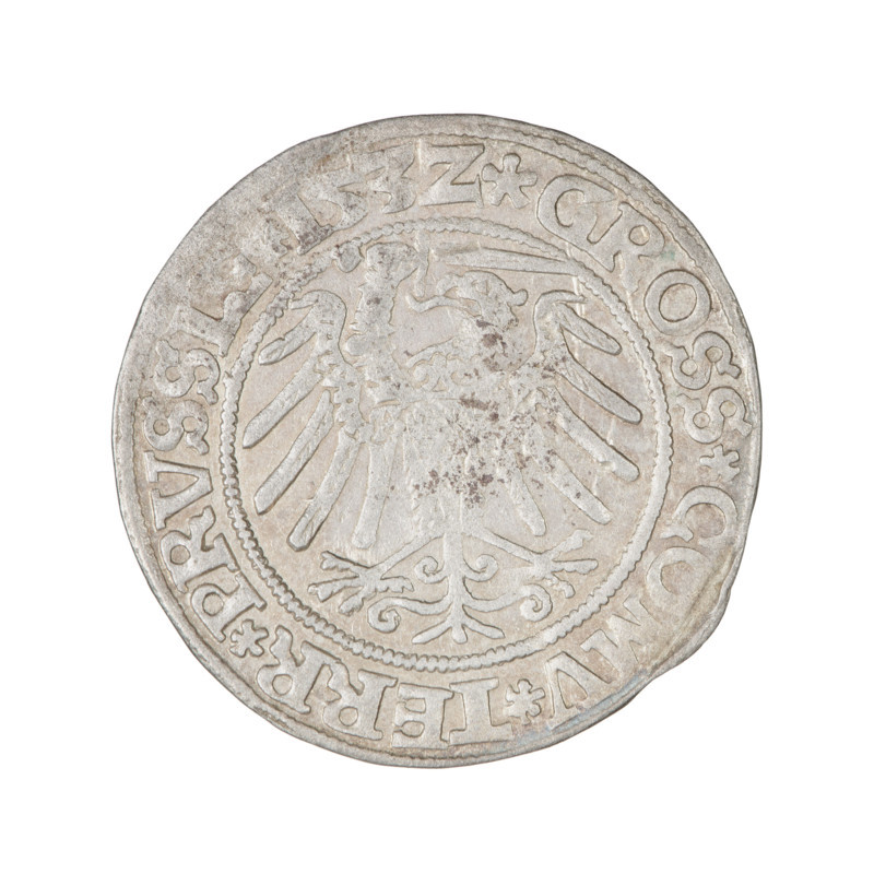 Prussian grosz, Sigismund I the Old (King of Poland; 1506–1548). Obverse: Crowned male bust in profile turned to the right; rim between pearl borders with inscription '.SIGIS.I.REX.PO.DO.TOCI.PRVS'. Reverse: The Eagle of Royal Prussia; rim between pearl borders with inscription '.GROSS.C, MV.TERR.PRVSS, .153Z, 1532'. Polish coin, Torun.
