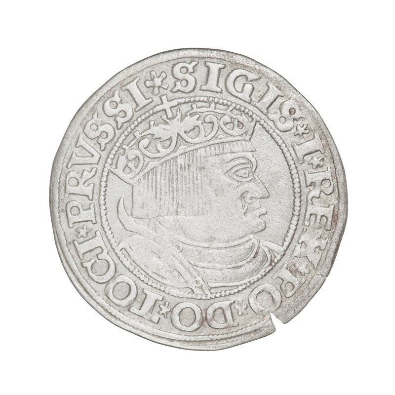 Prussian grosz, Sigismund I the Old (King of Poland; 1506–1548). Obverse: Crowned male bust in profile turned to the right; in the rim between pearl borders an inscription: .SIGIS.I.REX.PO.DO.TOCI.PRVSSI Rw. Reverse: The Eagle of Royal Prussia; in the rim between the pearl borders the inscription: .GROSS.COMV.TERR.PRVSS.153Z. Date: 1532. Material: coin. Place: Torun, Poland. Subjects/themes: eagles, Polish coins, Jagiellonian dynasty, emblems, eagle (emblem), male/royal bust; iconography of Sigismund I the Old (1467–1548).